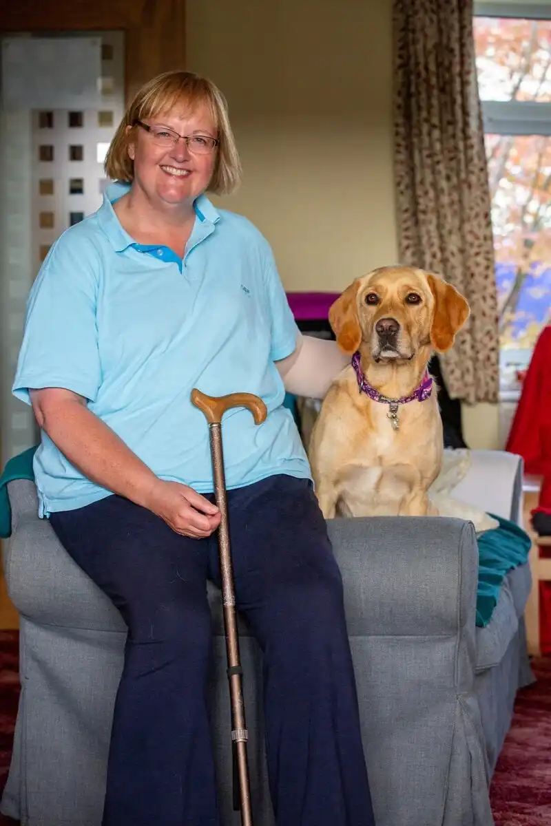 Physical Disability Assistance Golden Retreiver Sitting Sofa Adult Walking Stick Smiling Frontfacing