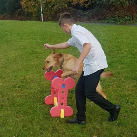 Child and dog doing agility jump