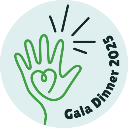 Gala dinner logo with green outlined hand with a heart in the centre, with Gala Dinner 2025 looped around the outside curve of the circle.